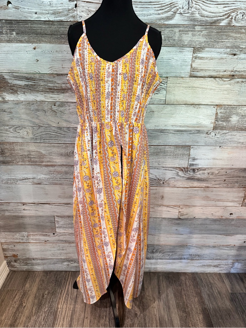 NWOT Yellow Stripe Floral Maxi Top with Split in Front and Adjustable Straps